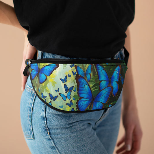 Butterfly Fanny Pack - Vibrant Morpho Butterflies in a Lush Forest